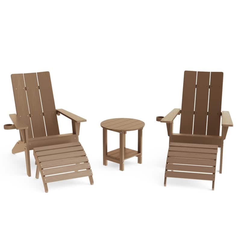 Winsoon 5-Piece All Weather HIPS Outdoor Adirondack Chair Set with Cup Holder, 2 Ottomans and 1 Side Table - Natural
