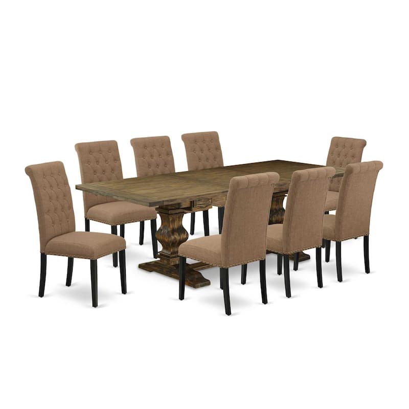 9-Piece Kitchen Dining Set - Rectangular Table & 8 Linen Fabric Chairs - Distressed Jacobean & Black Finish - 92