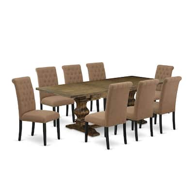 9-Piece Kitchen Dining Set - Rectangular Table & 8 Linen Fabric Chairs - Distressed Jacobean & Black Finish - 92