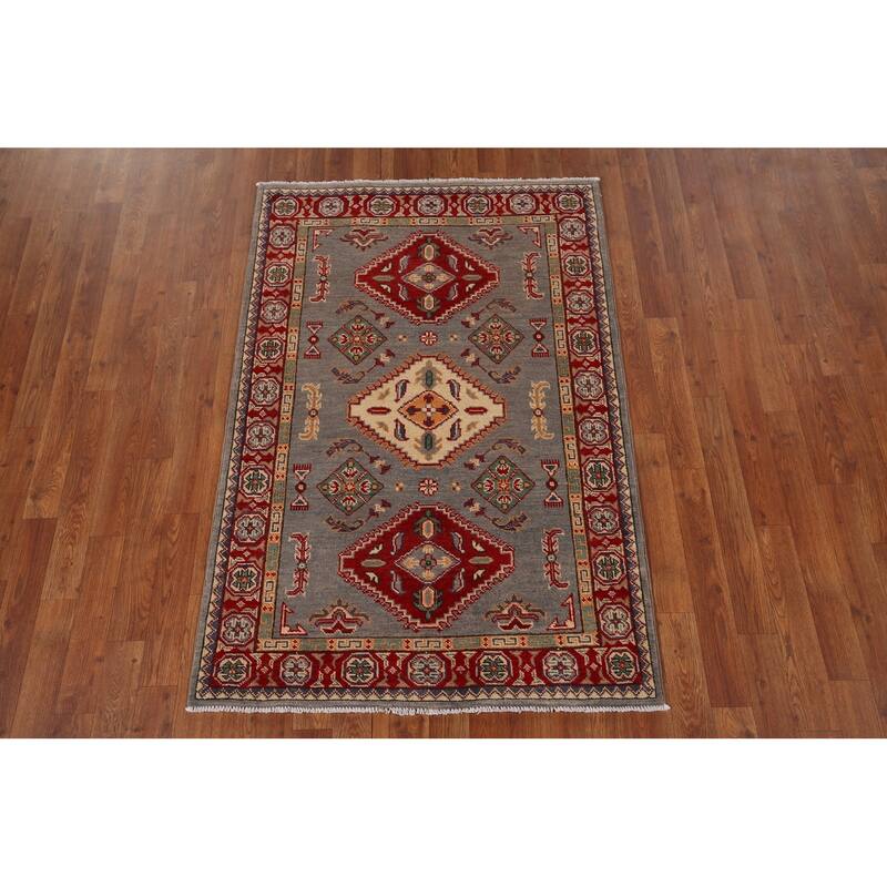 Geometric Kazak Oriental Accent Rug Handmade Entryway Wool Carpet - 3'3" x 4'11"