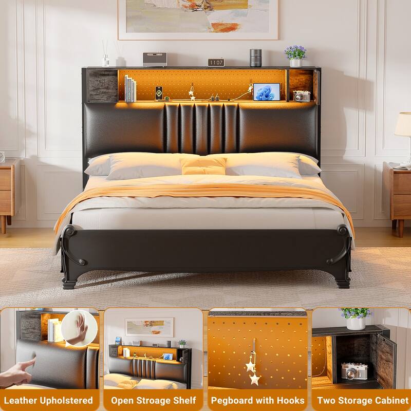 Upholstered Headboard with Storage Shelf and Small Cabinet, Headboard Power Outlet and LED Light