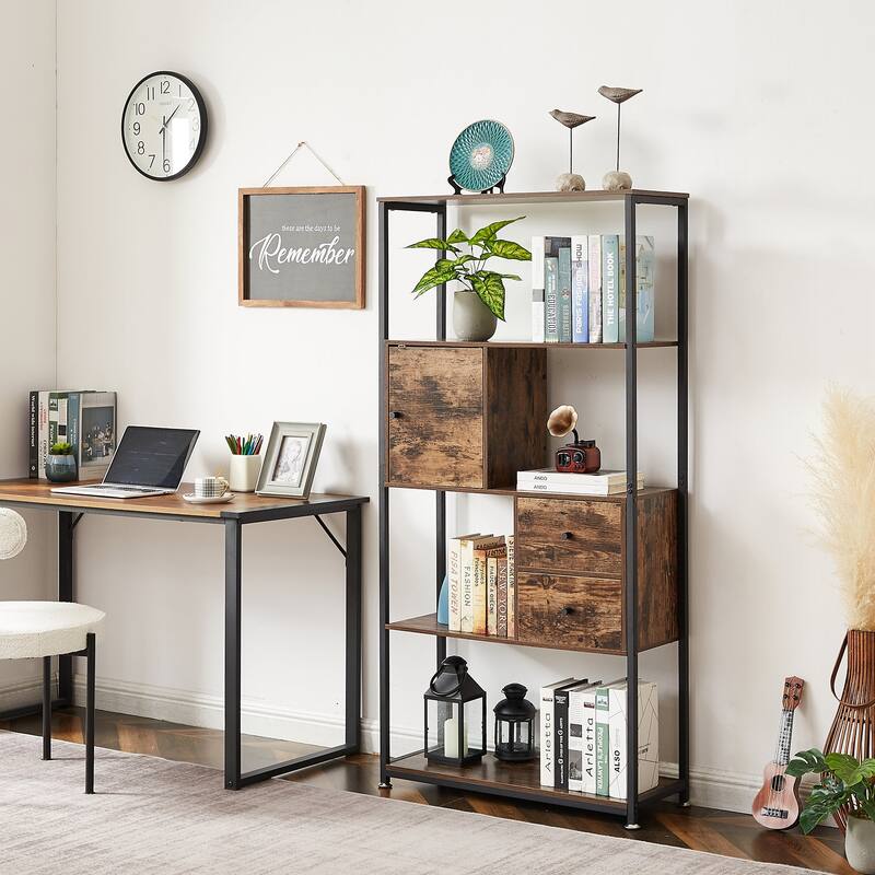 VECELO 4-Tier Book Shelf with 2 Storage Drawers and 1 Cabinet, Set of 2 Bookcase