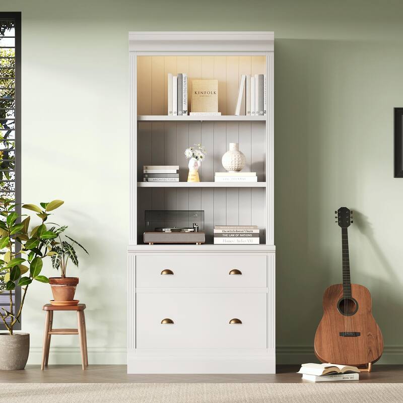 83.4" Tall Bookshelf with LED Lighting, 2 Drawers and 3 Open Shelves