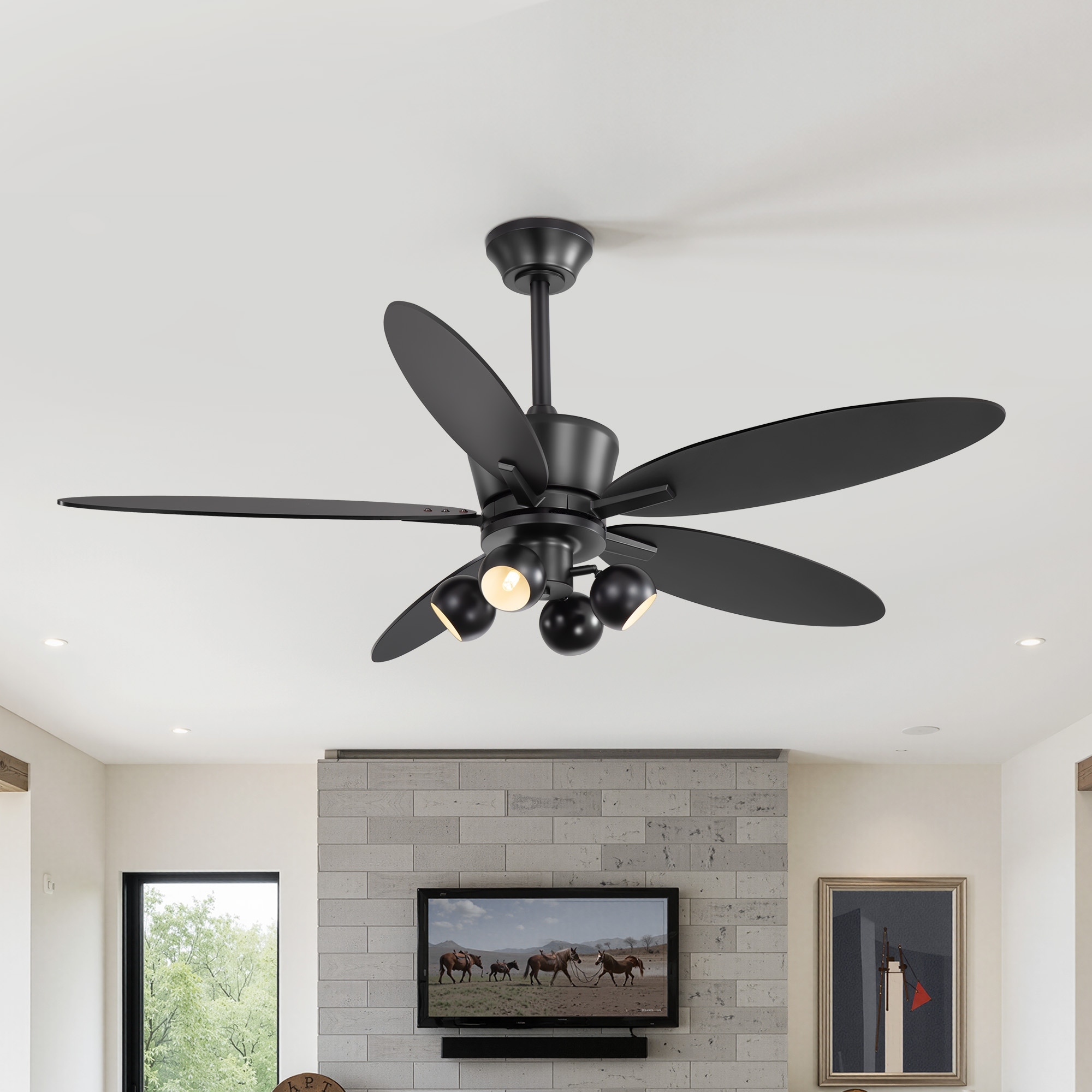 52 Inch Contemporary Ceiling Fan with Light and Remote, Black 5-Blade Fan, Quiet DC Motor, For Bedroom Living Room - 52 in