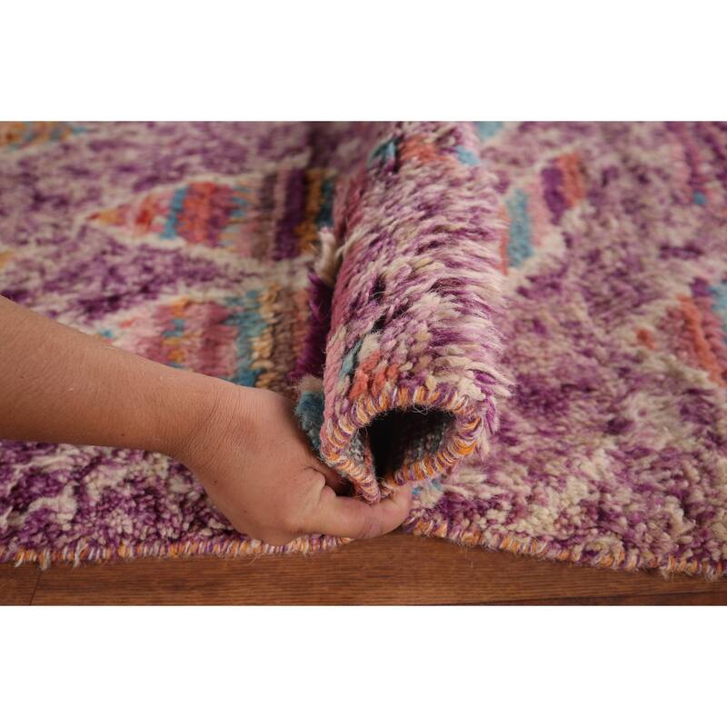Geometric Purple Moroccan Abstract Area Rug Hand-Knotted Wool Carpet - 5'8"x 10'3"