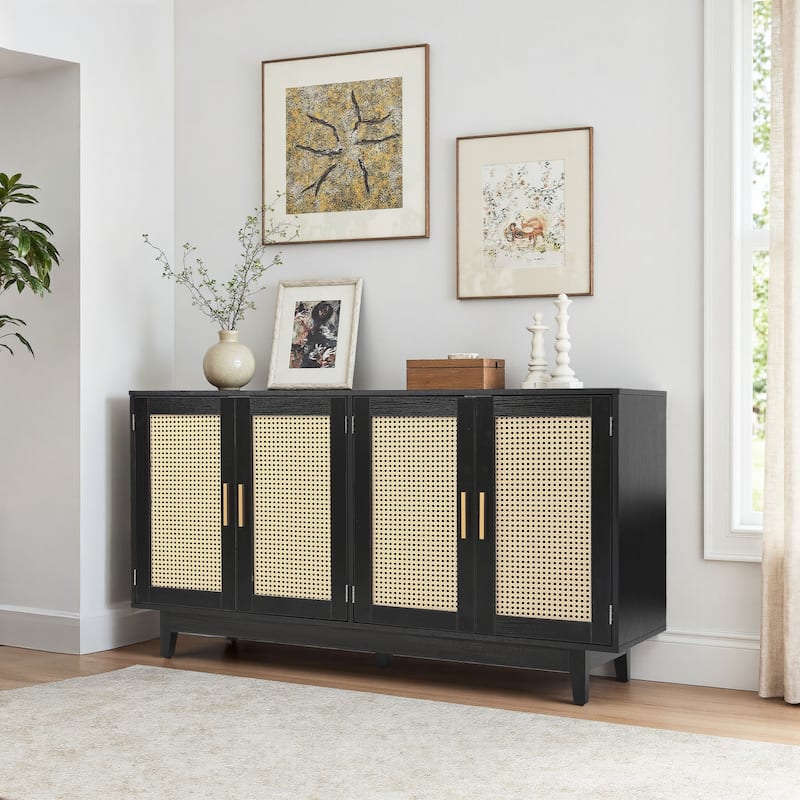 Rattan Accent Cabinet Storage Sideboard Buffet with 4 Doors