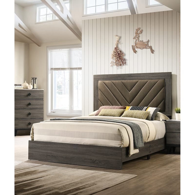 Contemporary 1pc Queen Size Bed Bedroom Furniture Upholstered Headboard Rubberwood 1pc Bedframe Gray Finish