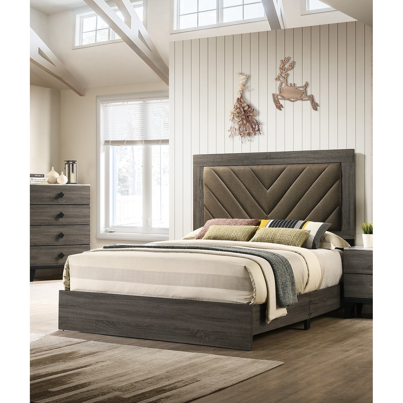 Queen Size Rubberwood Upholstered Platform Bed Frame with V-Shaped Fabric Headboard