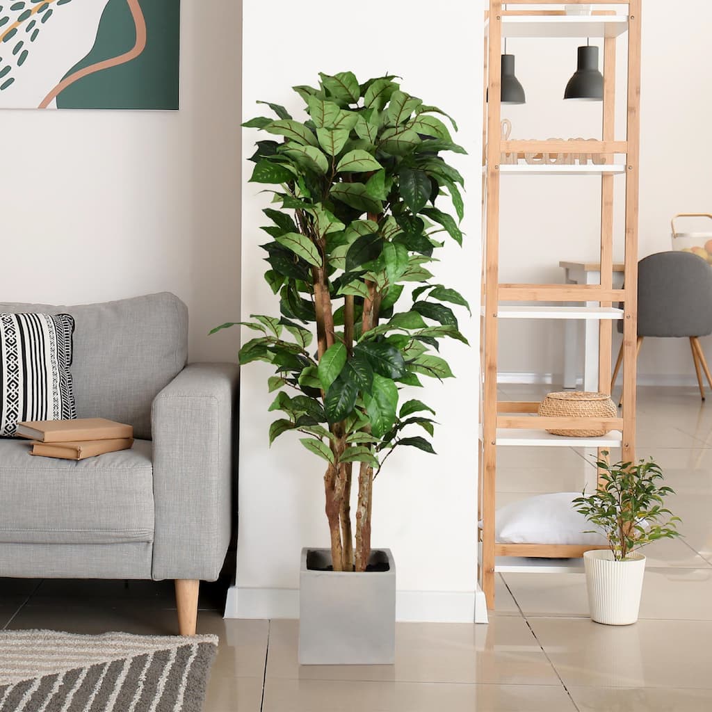 American Art Decor Artificial Coffee Tree in Cement Pot Faux Plant for Home or Office - 60"