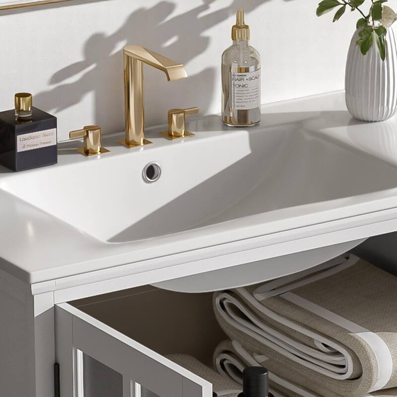 30" Bathroom Vanity with Ceramic Sink, Tempered Blurred Glass Doors,Adjustable Shelf, Freestanding Cabinet (Faucet Not Included)