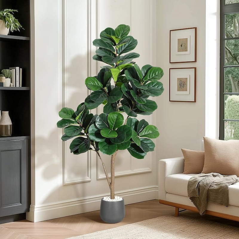 Artificial Fiddle Leaf Fig Tree with Black Planter Pot for Home Decor - 5 FT