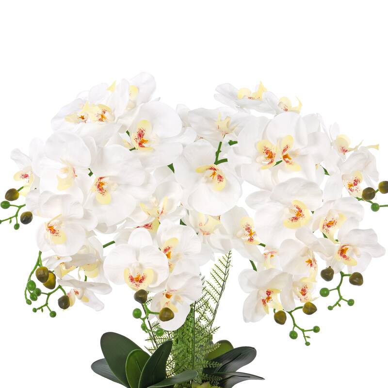 8 Stems Real Touch Artificial Silk Orchids in Gold-Plated Ceramic Pot for Home Office Decoration - 26.77" H x21.26" W x 21.26" D