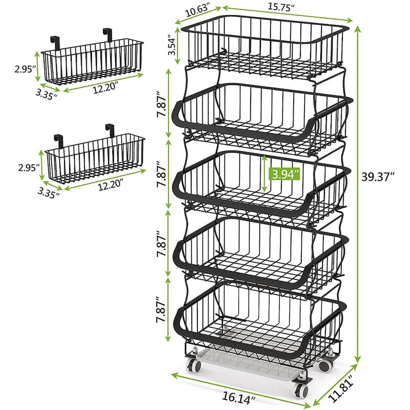 3 Tier Stackable Metal Wire Fruit Basket Cart for Kitchen, Pantry