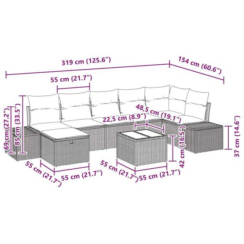 vidaXL 7/8 Garden Sofa Set with Cushions Black/Brown/Grey Poly Rattan - 125.6 x 60.6 x 27.2
