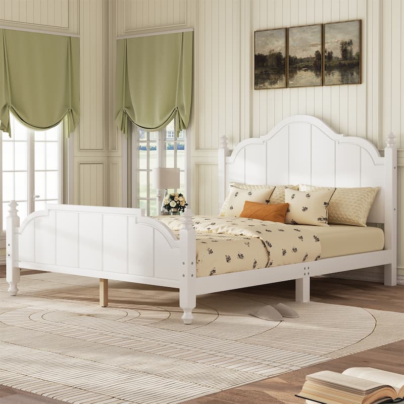 Queen Platform Bed Frame with Vintage Headboard - White
