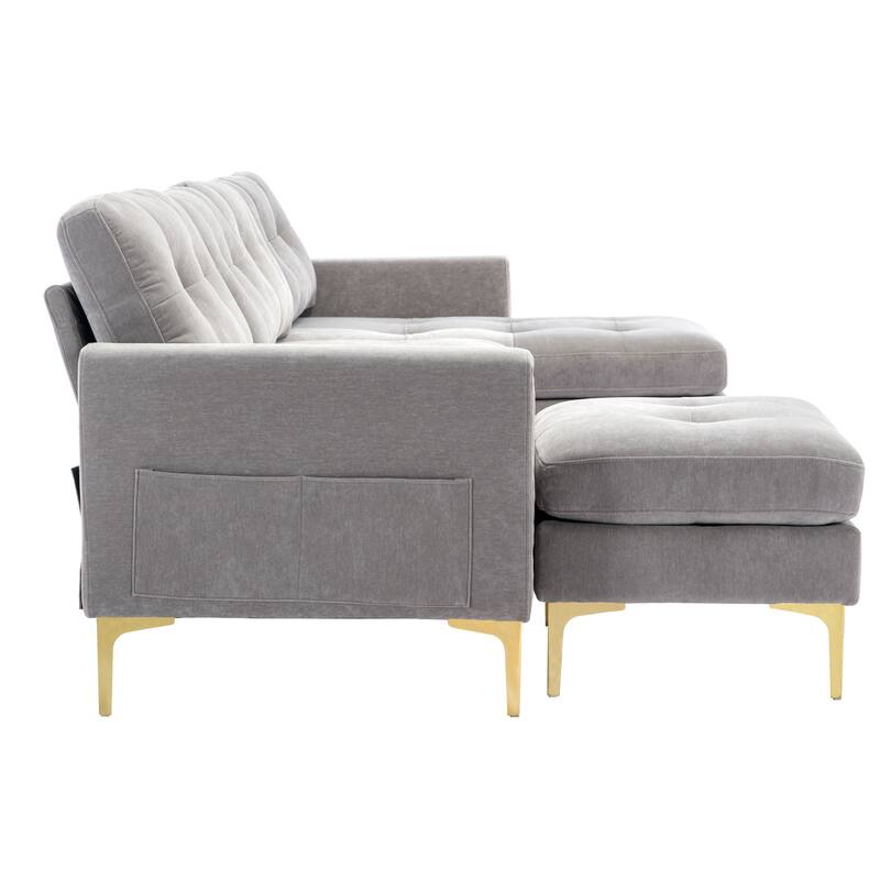 L Shaped Convertible Sectional Sofa with Ottoman, Velvet Fabric 5 Seater Sofa, Upholstered Sofa with Chaise & Storage Pockets