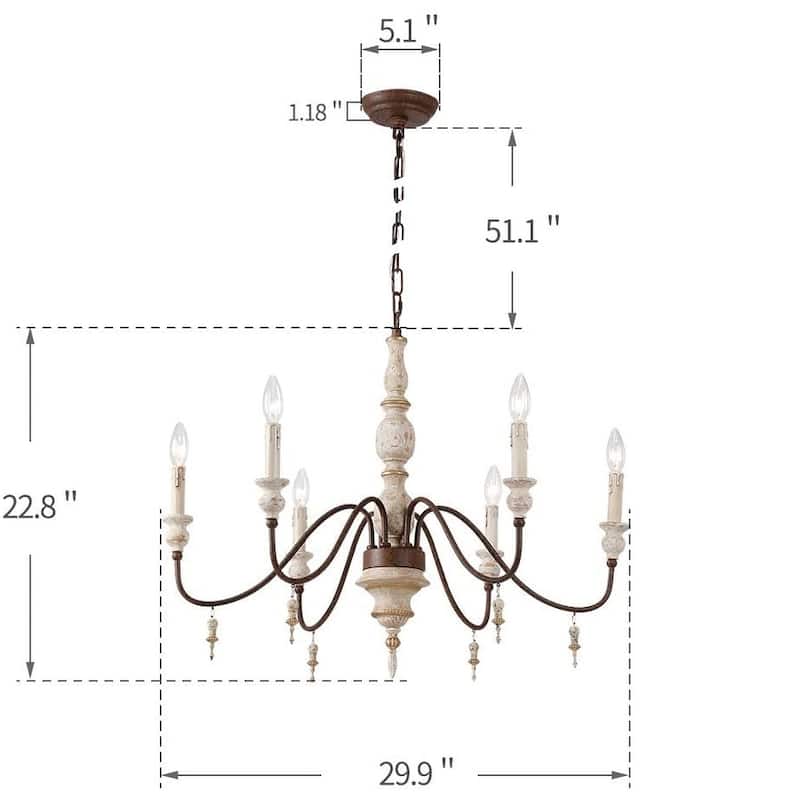 6-Light Classic Wood Like Metal Chandelier Medieval Antique Style 30 Inches Wide