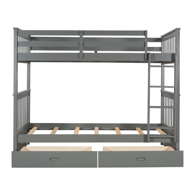 Twin-Over-Twin Bunk Bed with Ladders and Two Storage Drawers (Gray)