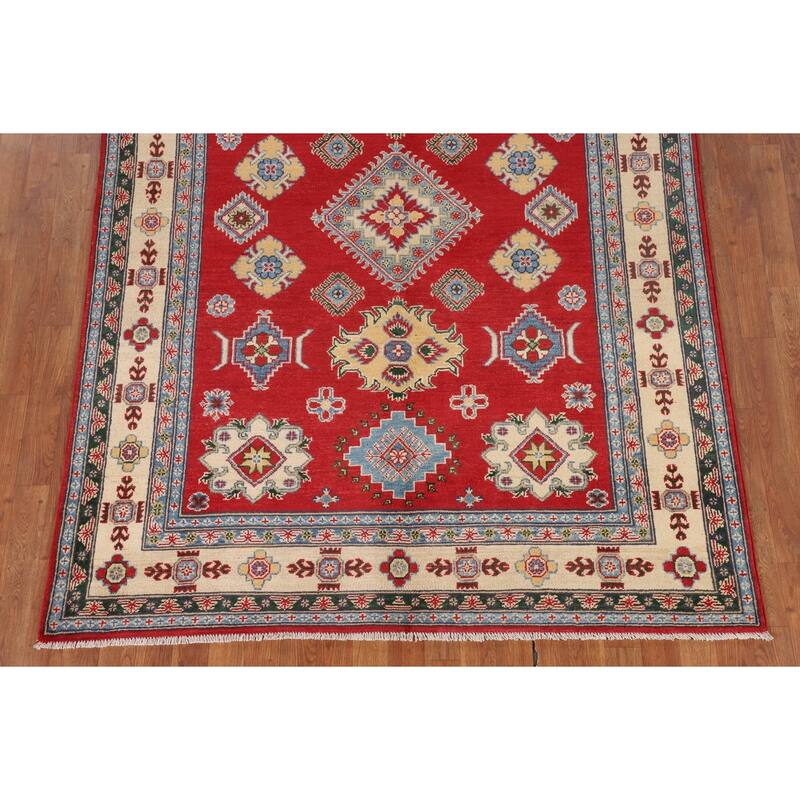 Red Geometric Kazak Oriental Area Rug Dining Room Handmade Wool Carpet - 5'6" x 7'10"