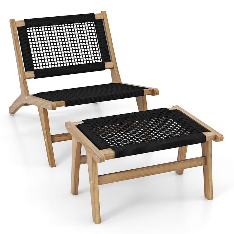 Gymax 2PCS Teak Ottoman Footstool w/ Handwoven Cordage for Patio Porch