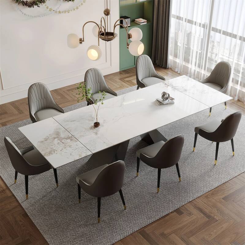 9 - Piece 110.24'' Extendable Sintered Stone Dining Table and 8 Leather Chairs Dining Set