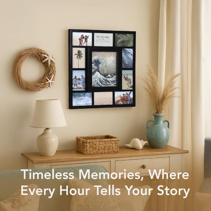 American Art Decor Picture Frame Collage Wall Clock 12 Photo Display Slots