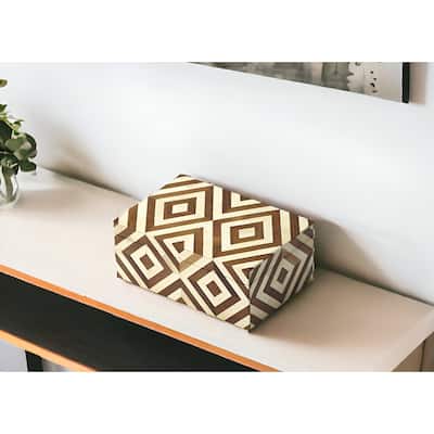 HomeRoots 12" Brown And Ivory Wood And Bone Inlaid Geometric Storage Box - 21" W x 3.5" H x 11.5" D