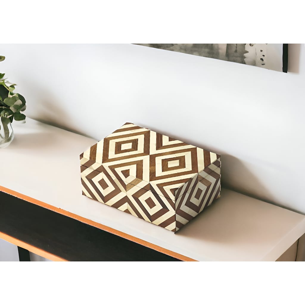 HomeRoots 12" Brown And Ivory Wood And Bone Inlaid Geometric Storage Box - 21" W x 3.5" H x 11.5" D