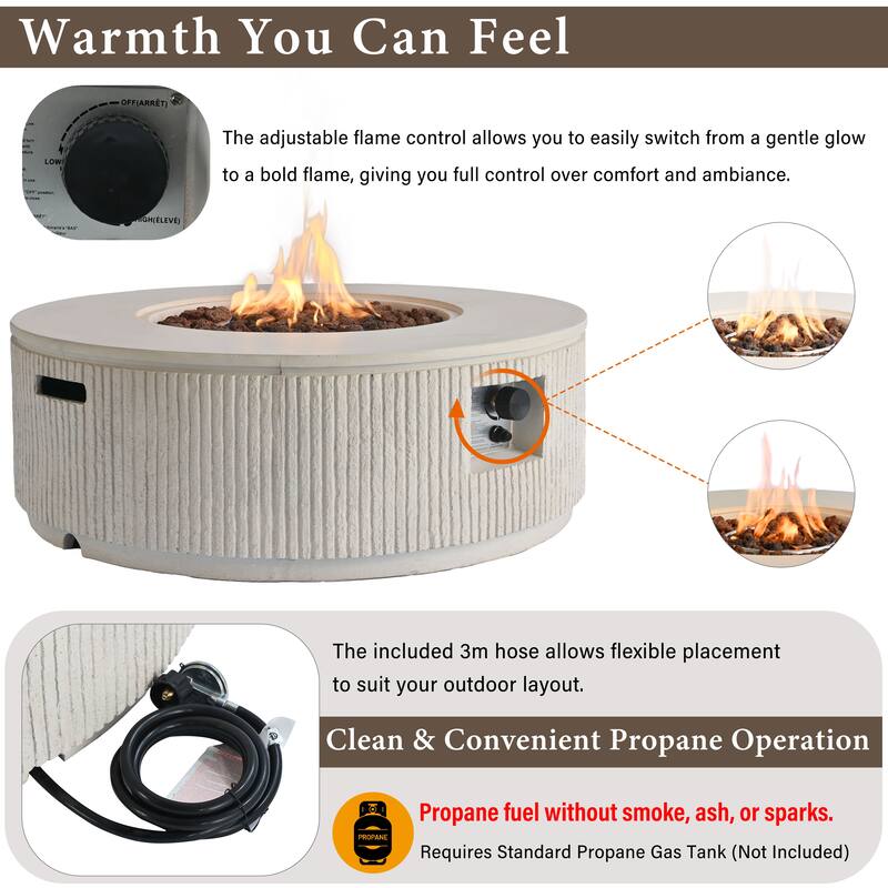 38.19" Propane Outdoor Fire Pit with Vertical Stripe Design, 50000 BTU Round Fire Pit Table with Steel Burner, Flame Control