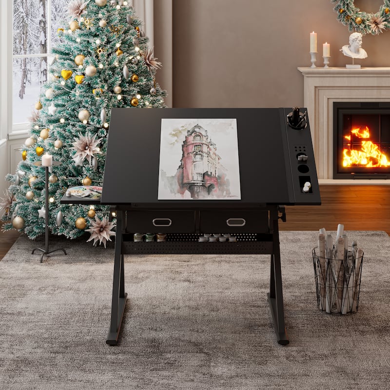 Adjustable drawing drafting table desk with 2 drawers for home office and school with stool