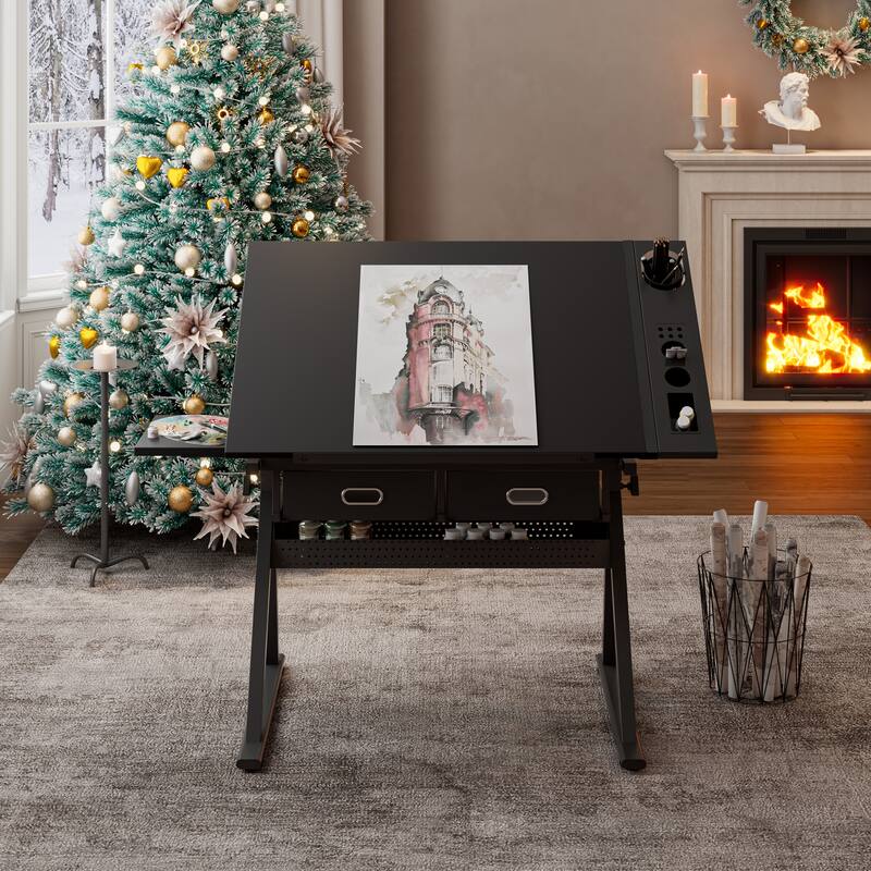 Anmytek Black Adjustable Drawing Drafting Table Desk with 2 Drawers and Stool for Home Office School