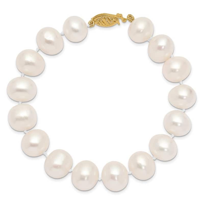 Curata 14k Yellow Gold 7.5" 11 12mm WhiteFreshwater Cultured Pearl Bracelet
