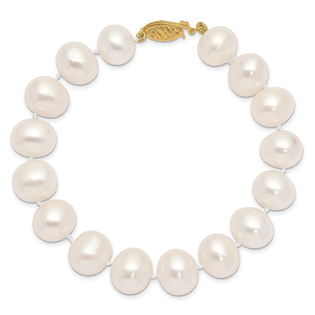 Curata 14k Yellow Gold 7.5" 12mm White Freshwater Cultured Pearl Bracelet