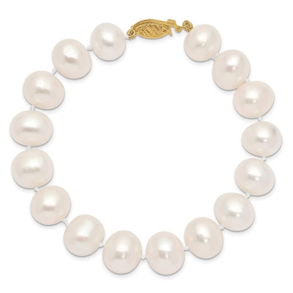 Curata 14k Yellow Gold 7.5" 11 12mm WhiteFreshwater Cultured Pearl Bracelet