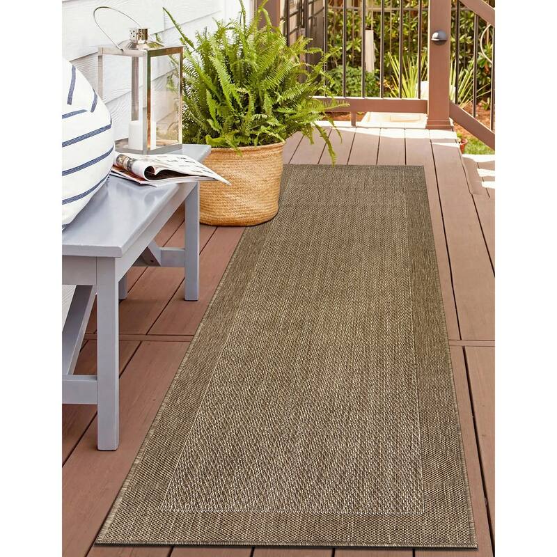 World Rug Gallery Contemporary Bordered Weather Resistant Reversible Indoor/Outdoor Area Rug - 2' x 7' - Beige