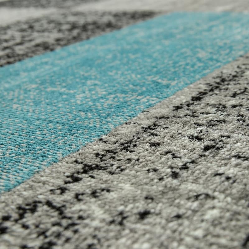Modern Area Rug Checked Pattern Mottled in Light Blue Grey White
