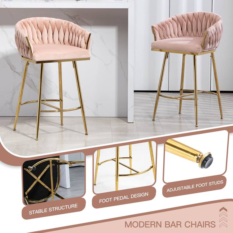 26''Counter Height Bar Stools w/Velvet Upholstery and Golden Chromed Base（Set of 2） - N/A