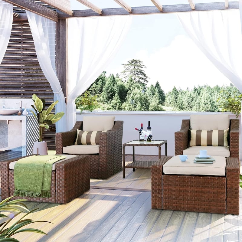 5-piece Outdoor Patio Wicker Lounge Chair and Ottoman Conversation Set