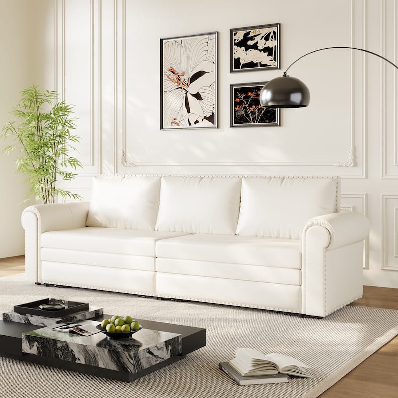 Chesterfield Sofa, 93.7" Faux Leather Convertible Sleeper Sofa Bed, Vintage 3-in-1 Pull Out Couch w/ Nailhead Trim & Rolled Arms - Cream White