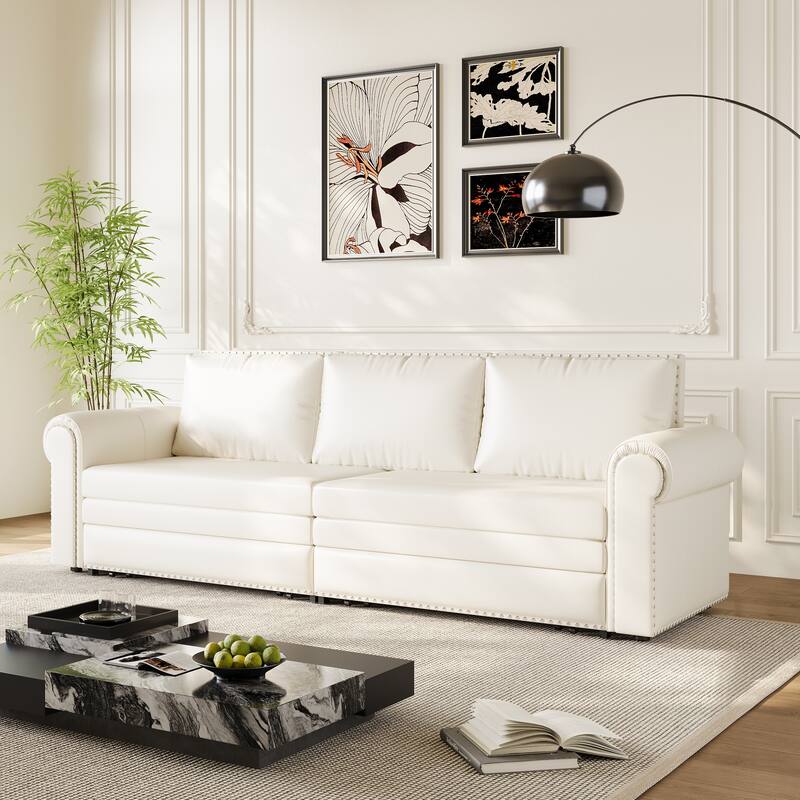 GDFStudio - Faux Leather 93.7" Chesterfield 3-in-1 Convertible Sofa Bed with Nailhead Trim