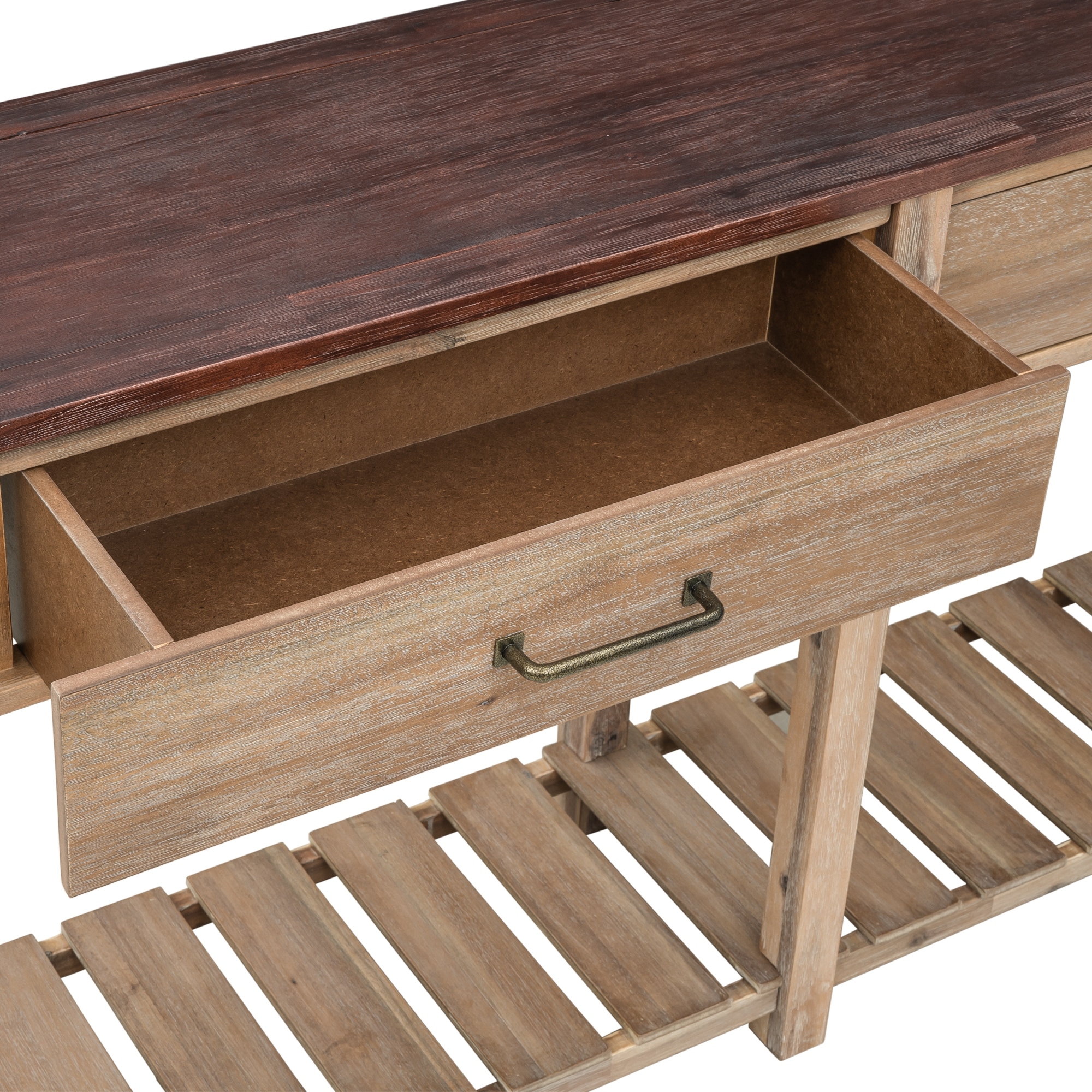 Oak Wood 2-Drawer Entryway Console Table with Slatted Shelf - Bed