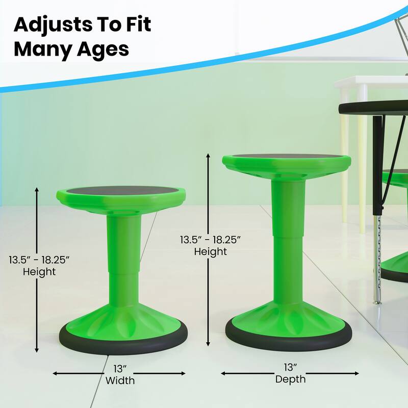 Kids Adjustable Height Active Learning Stool for Classroom and Home - 13"D x 13"W x 13.5" - 18.25"H