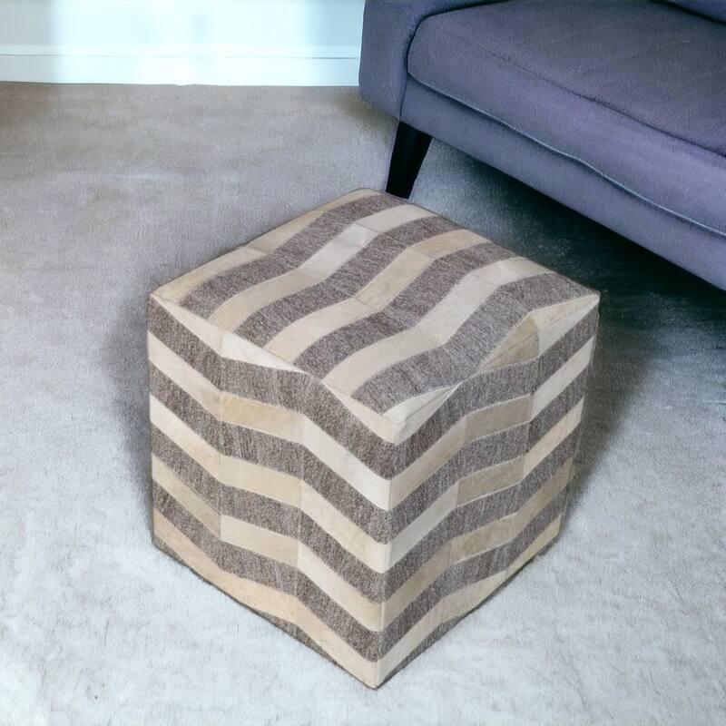 18" Gray and Beige Hair on Hide Cube Chevron Pouf Ottoman - Gray and Beige - 18' X '18' X '18