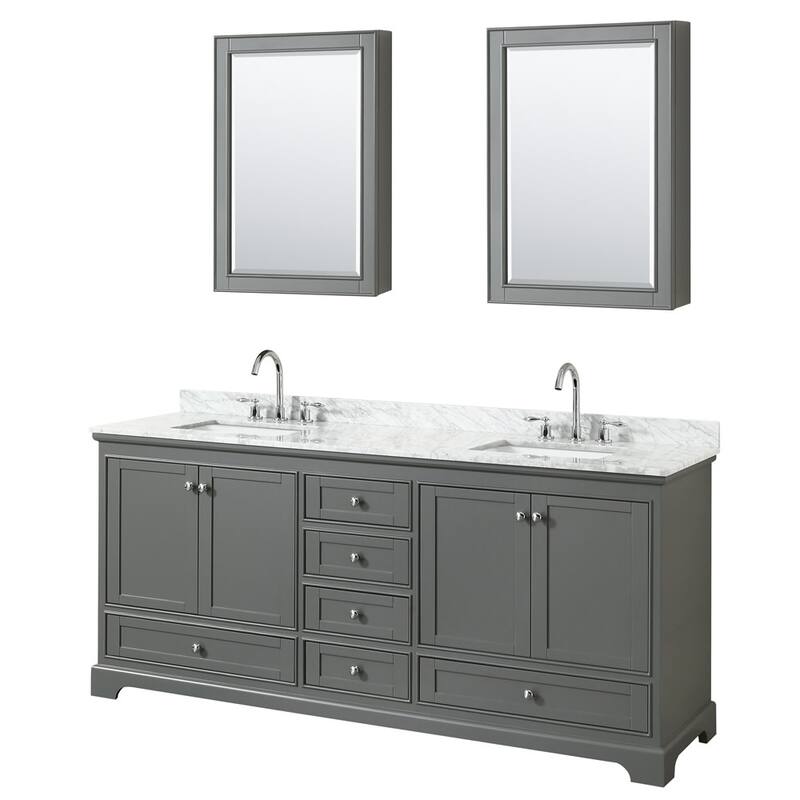Wyndham Collection Deborah 80" Free Standing Double Vanity Set with - Dark Gray / White Carrara Marble Top / Polished - Steel Finish
