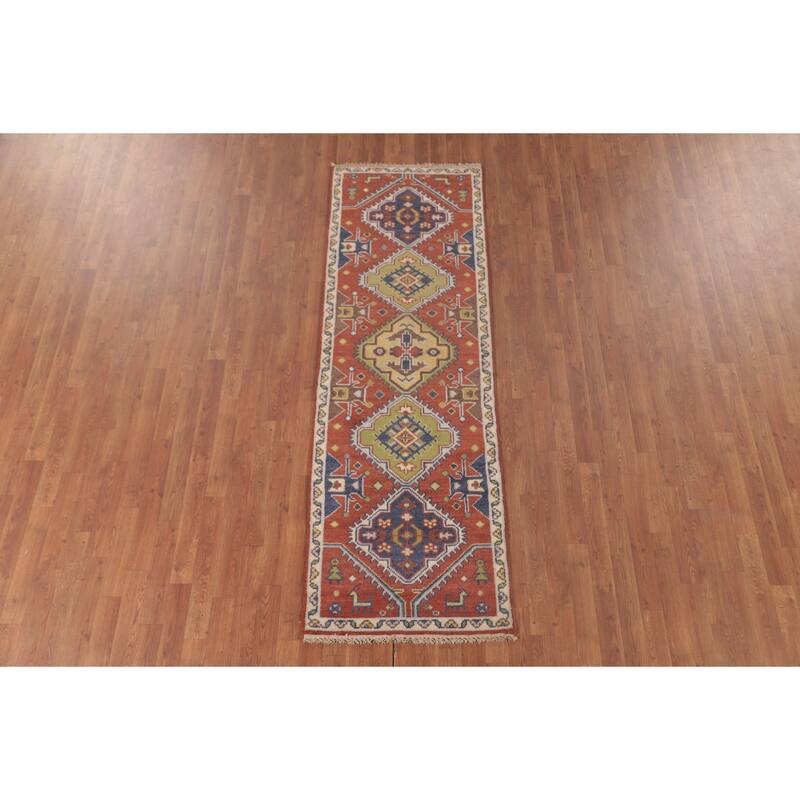 Orange Geometric Kazak Oriental Runner Rug Handmade Wool Carpet - 2'7"x 7'10"