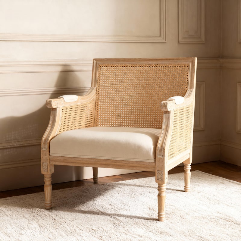 GDFStudio - Classic French Traditional Cotton Linen Upholstered Accent Armchair with Rattan Backrest & Contoured Armrests