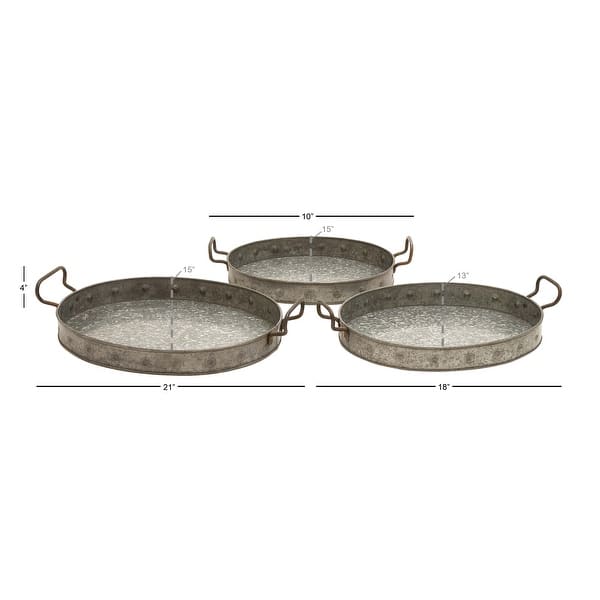 Gray Metal Galvanized Oval Living Room Decor Tray with Rust Handles (Set of 3)
