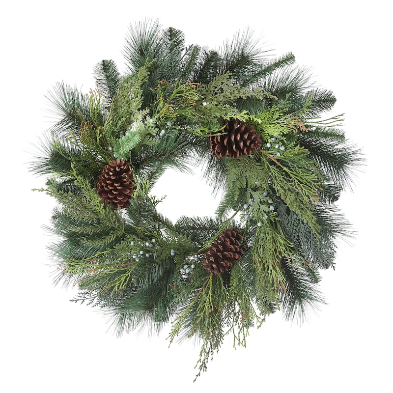 24" Deep Woods Mix Greens W/Cones Wreath - Natural Green