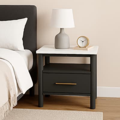 Mooran Nightstand, 1 Drawer w USB, White Marble Finish Top, Black