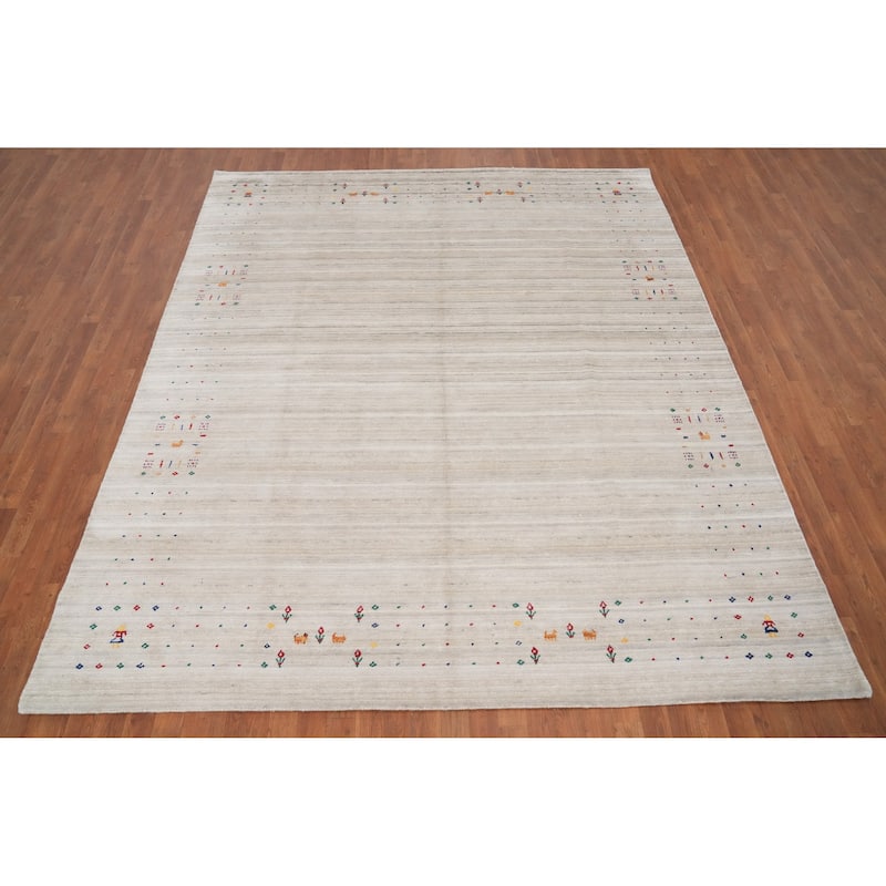 Hand Knotted Oriental Viscose Silk Carpet Tribal Animal Pictorial Beige & Ivories Gabbeh Area Rug - 9' 9'' X 8' 2''